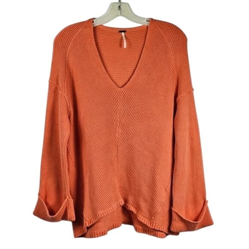 Free People La Brea Ribbed V-Neck Sweater S Orange Oversized Boho‎ Reverse Seam